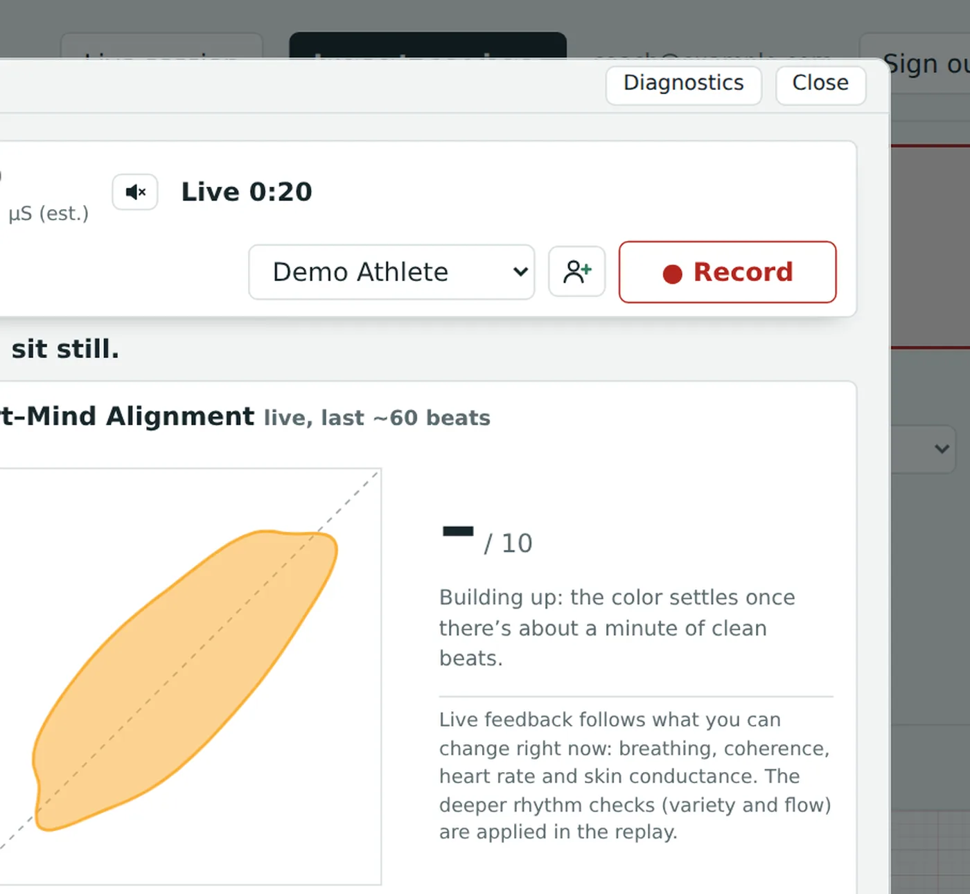 A live session with the breathing pacer and the Heart–Mind Alignment blob