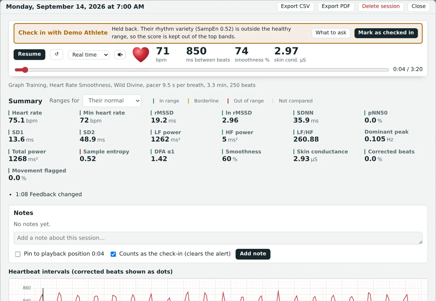 A recorded session with live playback, heart rate and a full HRV summary