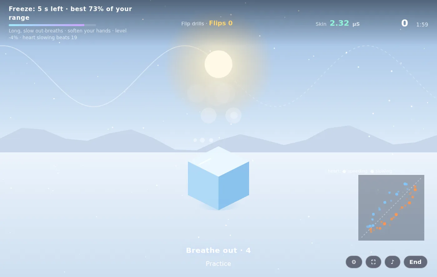 Melt & Freeze: an ice cube in a winter landscape, with the sun as the breath pacer